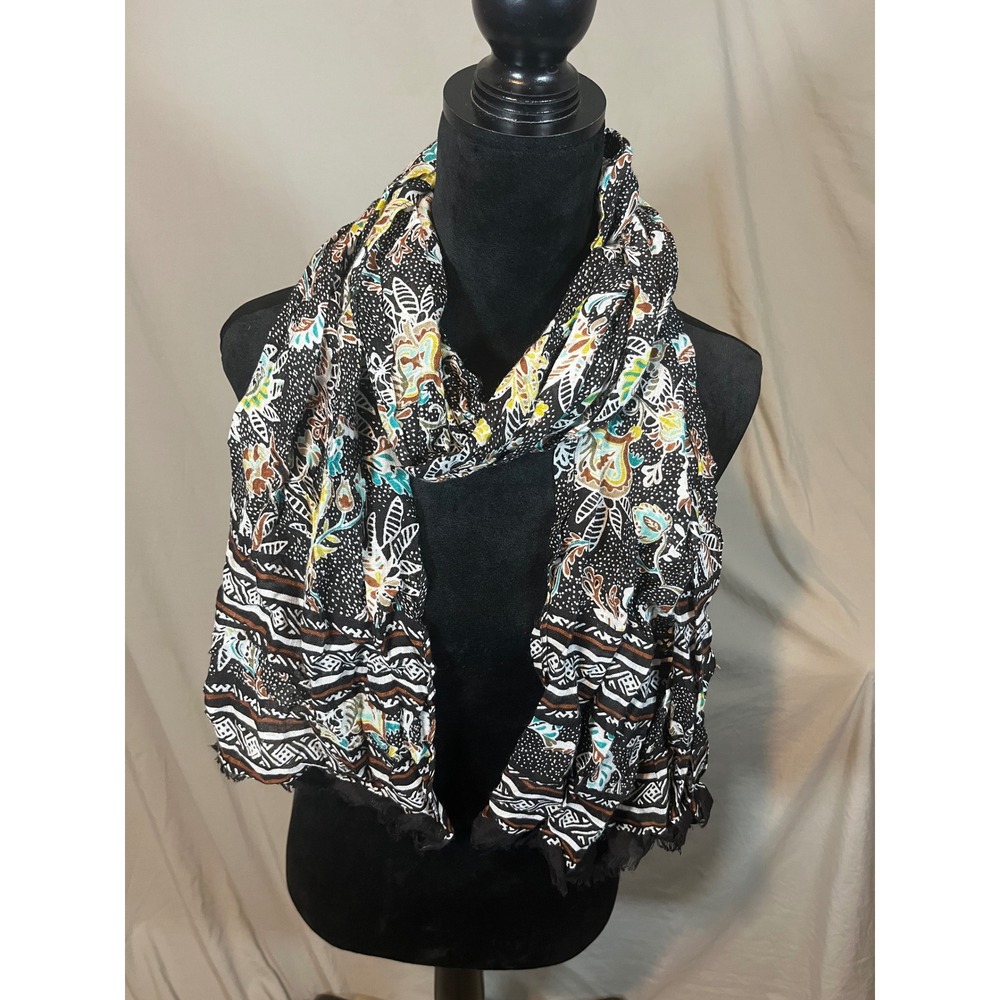 Unbranded Womens Mixed Print Floral Geometric Scarf Black Multi Lightweight Wrap
